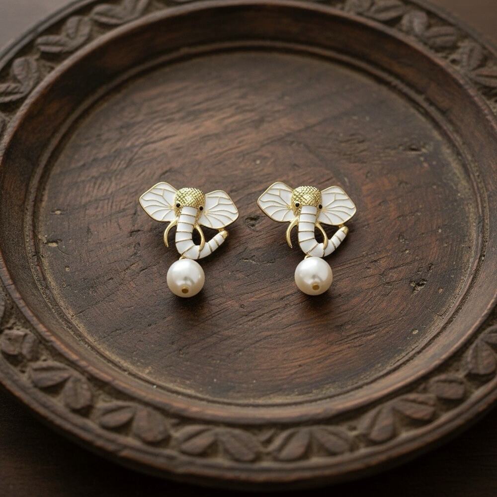 Museum Elephant Earrings Gold Boho Animal Pearl Enamel Head Statement African